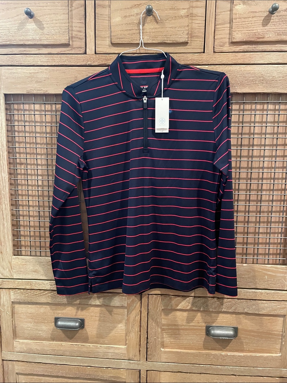 Tory Burch woman’s Navy Long-Sleeve performance Polo with Red Stripes